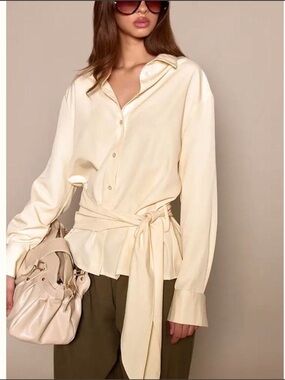 PrettyLittleThing Cream Wrap Tie Button-Down Shirt